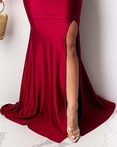 Women Spring Autumn Elegant Off Shoulder Ruched Slit Long Dress Long Sleeve Maxi Solid Elegant Lady Dress Party Female