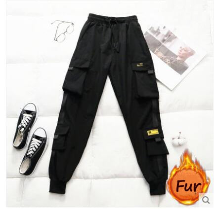 Spring Women's High Waist Cargo Pants Winter FUR Sports Loose Pants Harajuku BF Velvet Cargo Pants Elastics Trousers