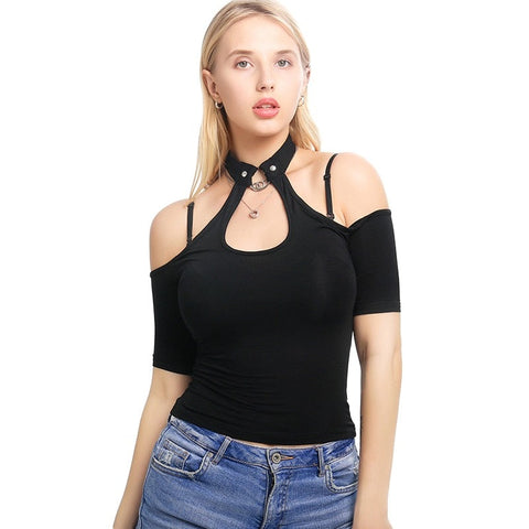 Sexy Women Crop Tops Hollow Out Buckle Long Sleeve Female Bodycon Tops Gothic Punk Black Tops Streetwear Party Lady Tee