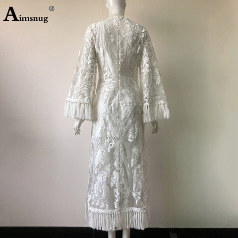 Boho Lace Solid White Perspective Thin Female The Dress Round Neck Embroidery Tassel Bilateral split  Women Dresses