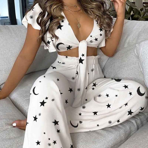 Sexy Off Shoulder Sleeveless Two Piece Set Summer Women Elegant Bow Tie Sets Ladies New Fashion Casual Boho Suit Streetwear