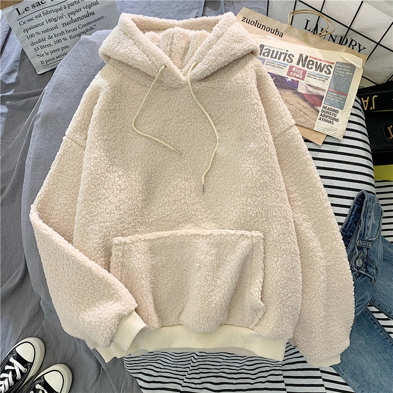 New Autumn Winter Thick Warm Coat Velvet Cashmere Women Hoody Sweatshirt Solid Blue Pullover Casual Tops Lady Loose Long Sleeve