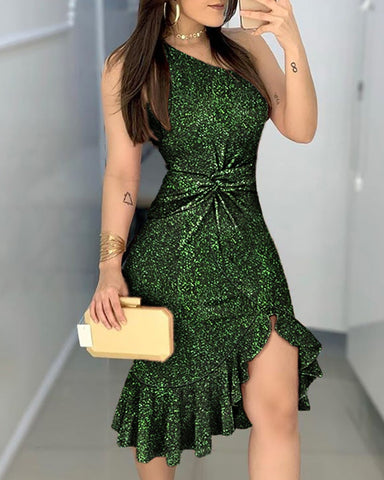 Women Spring Autumn Elegant Ruched Slit Glitter One Shoulder Sleeveless Twisted Ruffled Midi Bodycon Dress Party Cocktail