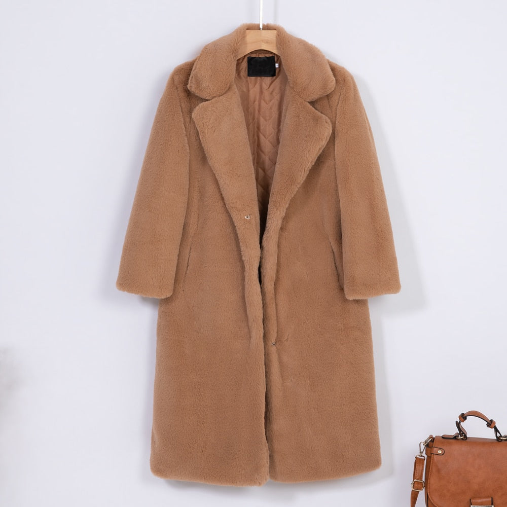 New Women Winter Warm Faux Fur Coat Thick Women Long Coat Turn Down Collar Women Warm Coat With Belt Casaco Feminino
