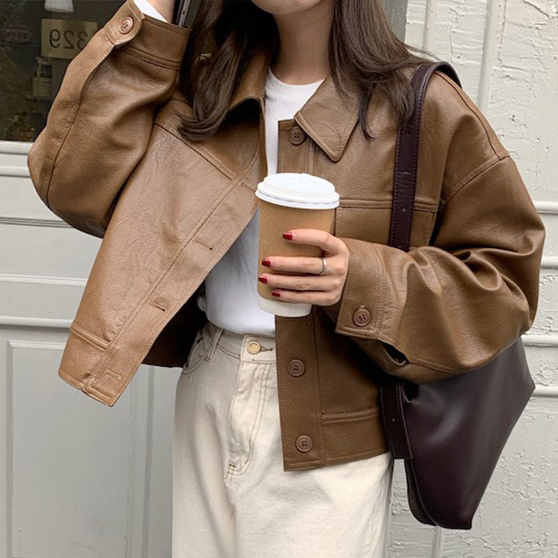 New Women Spring Autumn Black Faux Leather Bomber Jackets Button Up Basic Short Coat Turn-Down Collar Motor Biker Jacket