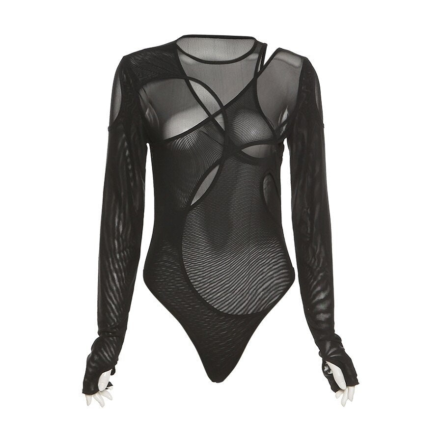 Solid Sexy Mesh See Through Irregular Hollow Bodysuit Women Fashion O-Neck Long Sleeves Stretch Club Party Lady Rompers