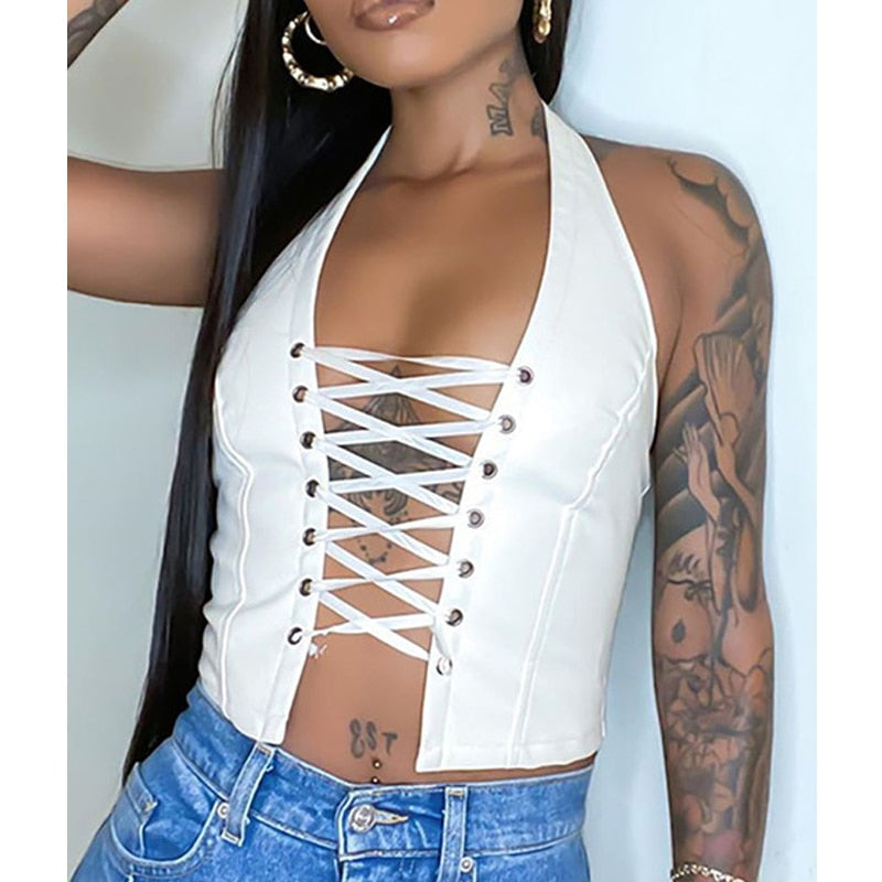 Pbong mid size graduation outfit romantic style teen swag clean girl ideas 90s latina aestheticHalter Top Women Sexy Lace-up PU Leather Crop Top Summer Slim Fit Bandage Tank Tops Black White Streetwear Y2k Tops