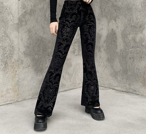 Goth Dark Vintage Floral Scratched Gothic Pants Velvet High Waist Skinny Flare Trousers For Women Autumn Winter Streetwear