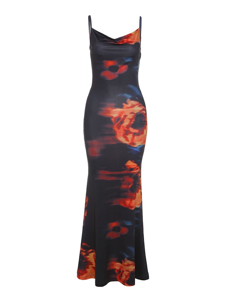 Fashion Sexy Long Sleeveless Dress Flame Print Design For Elegant  Beautiful Women Go Out Party Club Vacation Wear