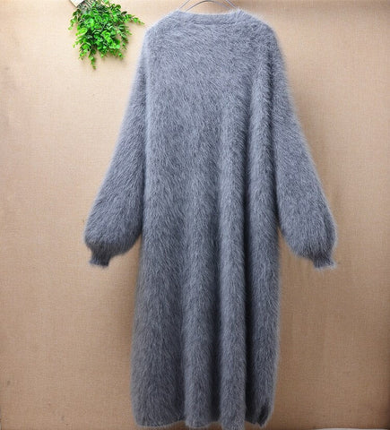 Elegant casual winter long loose brown thicken mink cashmere long lantern sleeves angora rabbit fur cardigan sweater coat wrap