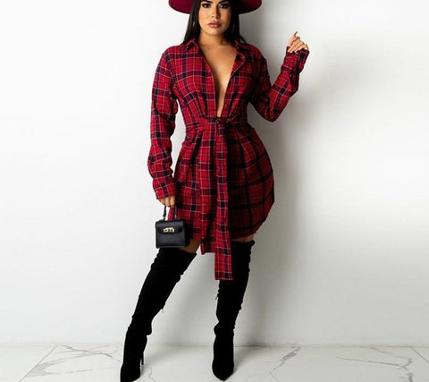 Fashion Plaid Print Button Up Long Sleeve Shirt Dress Fall Clothes for Women Sexy Casual Short Dresses