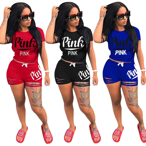 Women Pink Set Outfits 2 Piece Tracksuit Summer Runway Letter Print Sweatsuits Casual Sport Bodycon Two Piece Biker Set