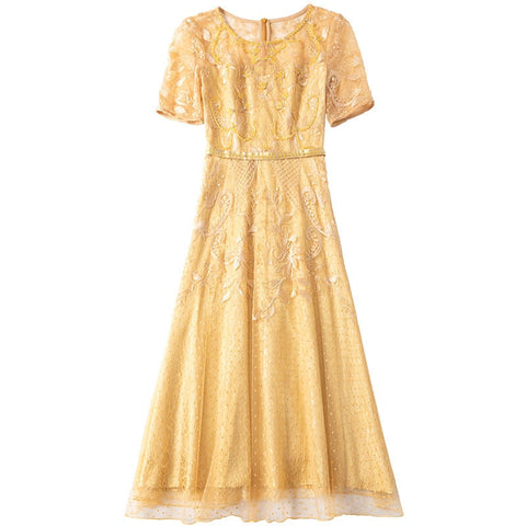 Early autumn new style round collar slim mesh yarn dress short sleeve high waist Embroidered Beaded A-shaped dresses