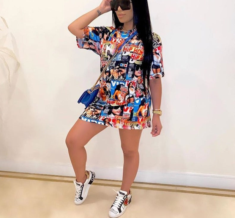 Pbong mid size graduation outfit romantic style teen swag clean girl ideas 90s latina aesthetic New Fashion Cartoon Print O-neck Sexy Vintage Elegant Female Dress Women Casual Loose Shinny Dress Sexy Mini Dress