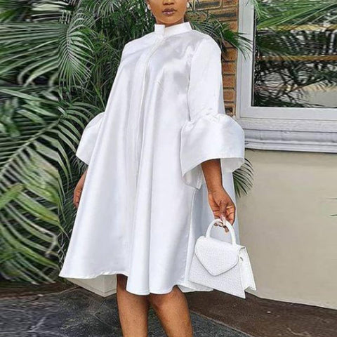 Pbong mid size graduation outfit romantic style teen swag clean girl ideas 90s latina aestheticWomen Loose Dresses Stand Collar Three Quarter Sleeves Oversized White Yellow Ladies Classy Summer Autumn Robes Gowns