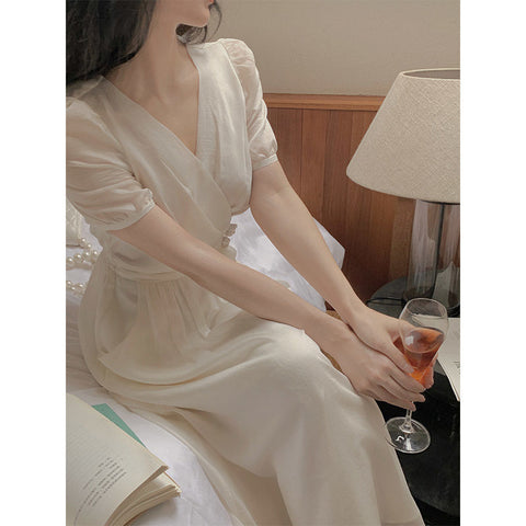 Elegant Fairy Midi Dress Women French Princess V-neck Korean Party Dress Female Summer One-piece Dress  Office Lady Causal