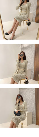 Korean Knitting 3 Pieces Set Women Knitted Sling + Cardigan And Pencil Skirts Casual Simple Office Lady Skirt Suit