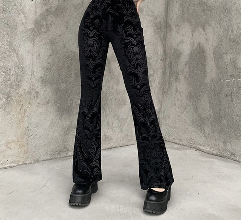 Goth Dark Vintage Floral Scratched Gothic Pants Velvet High Waist Skinny Flare Trousers For Women Autumn Winter Streetwear