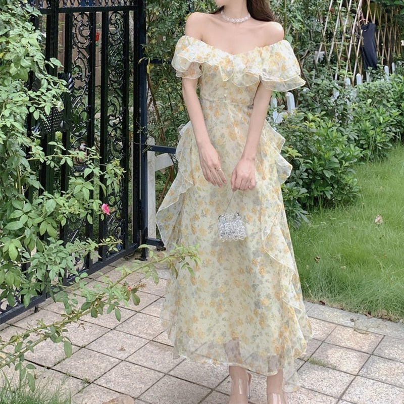 Off The Shoulder Dresses Women Ruffles Floral Designer Fairy Elegant Dress Female Summer Evening Party Vintage Midi Dresses