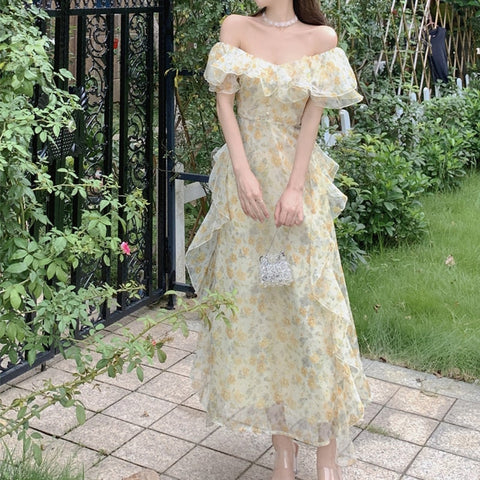 Off The Shoulder Dresses Women Ruffles Floral Designer Fairy Elegant Dress Female Summer Evening Party Vintage Midi Dresses