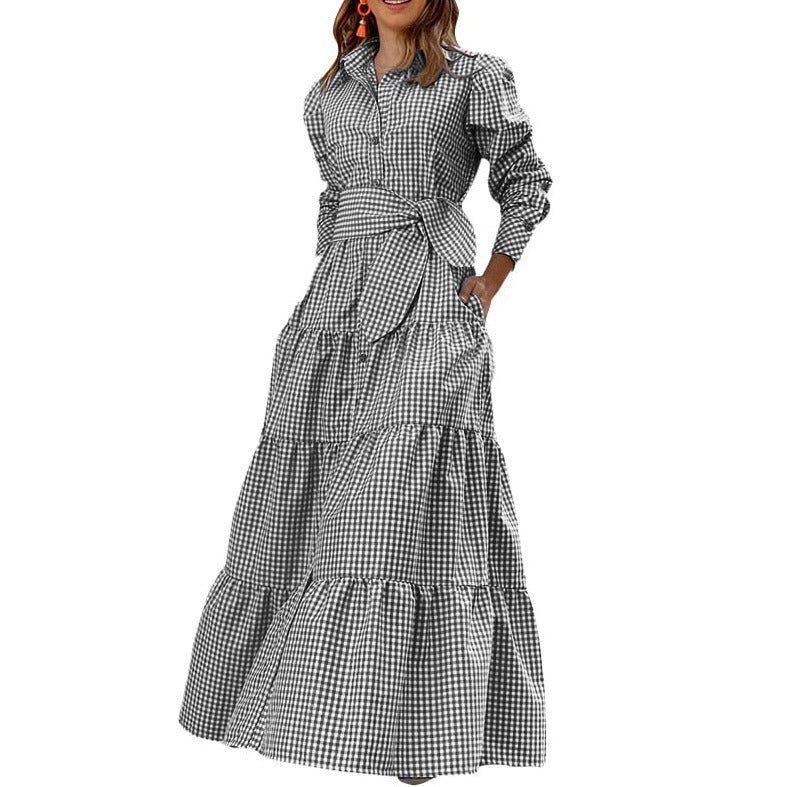 Women Bohemian Plaid Shirt Dress  Autumn Long Sleeve Party Sundress Casual Lapel Button Vintage Belted Pockets Vestido