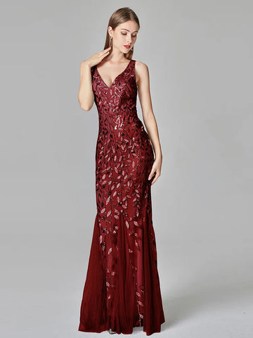Silver Gray Elegant Fashion Evening Dresses Sexy Simple V Collar Open Back Sleeveless Embroidered Beads Fishtail Dress Gown