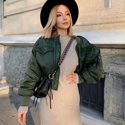 stylish lady autumn winter za green short jackets women fashion long sleeve zipper bomber jacket outwear women's coat