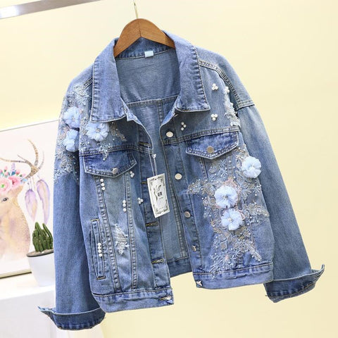 Pbong mid size graduation outfit romantic style teen swag clean girl ideas 90s latina aestheticAutumn Women Denim Jacket Embroidery Three-dimensional Floral Jeans Jacket Beading Pearl Ripped Hole Bomber Outerwear P778