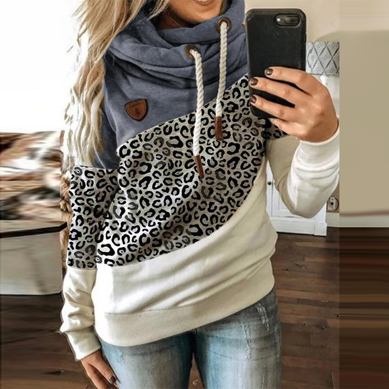 Women Patchwork Hooded Sweatshirt Autumn Winter Leopard Print Harajuku Drawstring Hoodie Casual Long Sleeve Pullover Tops Female