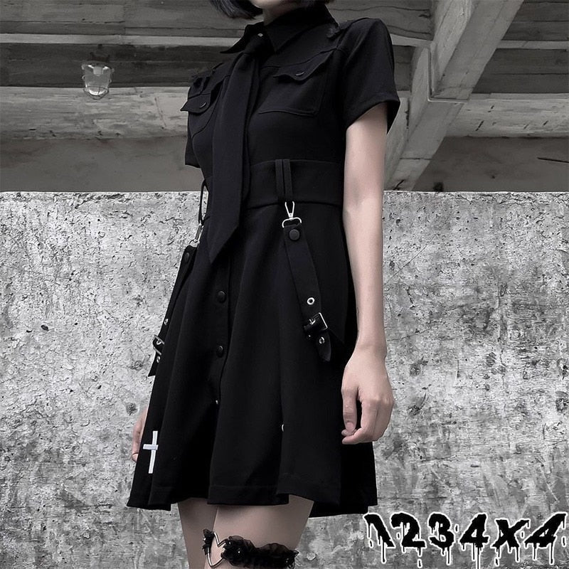 Goth Dress Punk Gothic Harajuku Summer Black Mini Dress Shirt Women Short Sleeve Emo Clothes Mall Goth Dark Academia