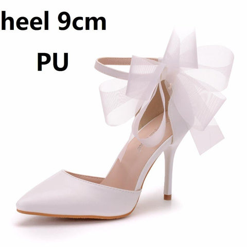 Crystal Queen Woman Satin Stiletto Elegant Ankle Strap Party Bow-knot Sandals Sexy High Heels White Wedding Shoes