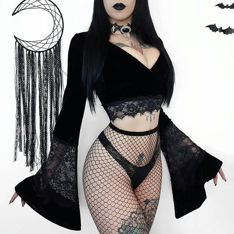 Black Vintage Aesthetic Gothic T-shirt For Women Harajuku Flare Sleeve Fall Halloween Tshirt Cropped Mesh