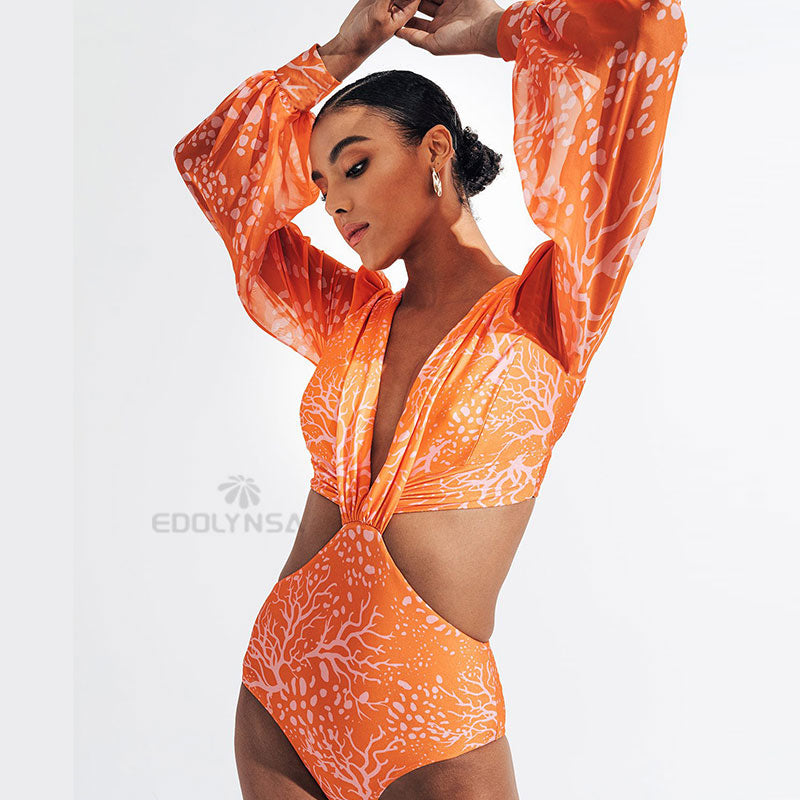 V- Neck Bandage Print Long Sleeve Swimwear Women Monokini Sexy Bathing Suit String Backless Beachwear Pus Size L47