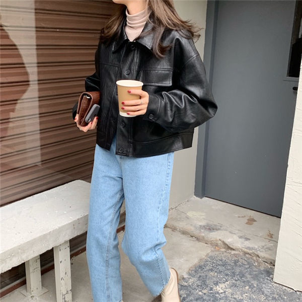 New Women Spring Autumn Black Faux Leather Bomber Jackets Button Up Basic Short Coat Turn-Down Collar Motor Biker Jacket