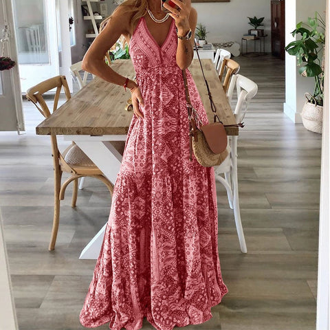 Sexy Women V Neck Party Dresses Vintage Printed Boho Long Dresses Elegant Flying Sleeve Fashion Sexy Slim Maxi Dress Mujer