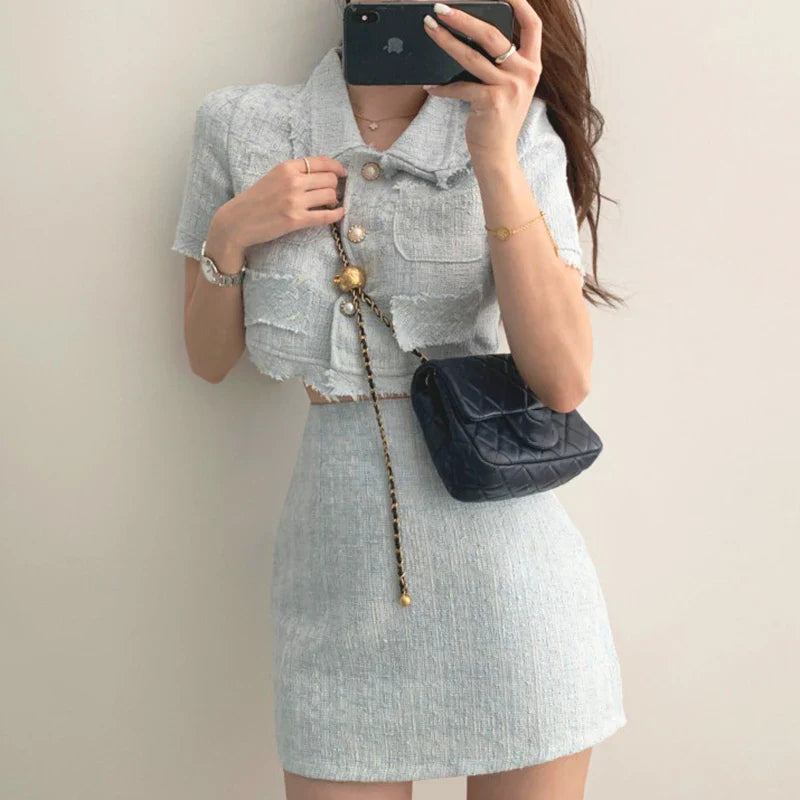 Women Summer Two 2 Piece Set Korean Style Elegant Single Breasted Tassel Short Sleeve Tops and High Waist Bodycon Mini Skirt