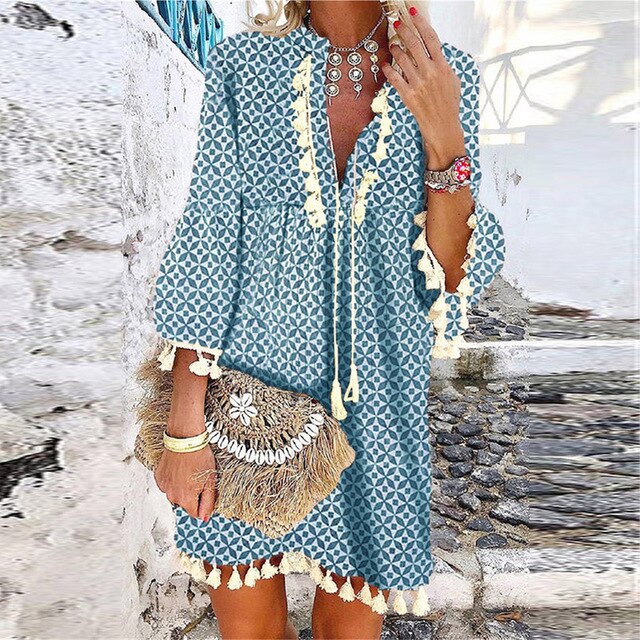 Women Floral Print 3/4 Sleeve Mini Dress Spring V Neck Tassel Vintage Party Dress Casual Loose Summer Beach Dresses Vestido