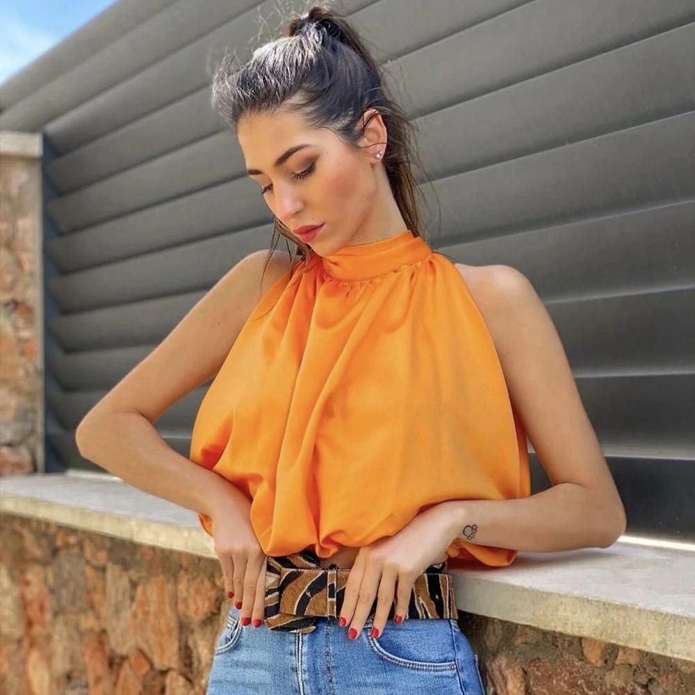 Pbong mid size graduation outfit romantic style teen swag clean girl ideas 90s latina aesthetic freaknik tomboy swaggy going out cwaya Top Women  Sexy Blouses Orange Crop Ladies Shirts Halter Sleeveless Girl Summer Blusas Clothing Female Chic Tops