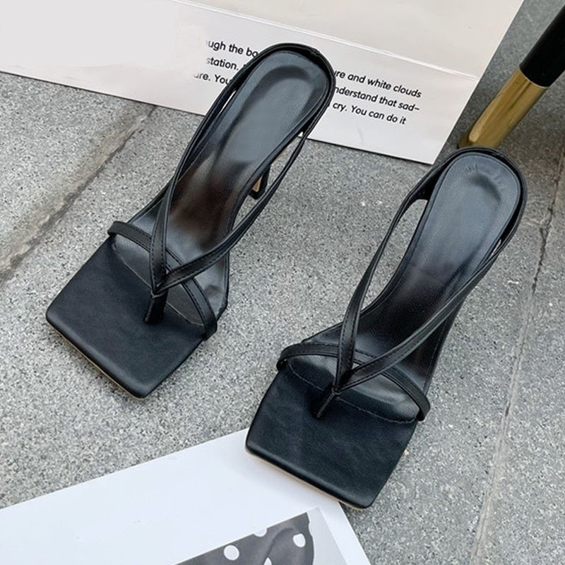 Slipper High Heels Shoes Fall Best Street Look Females Square Head Toe Clip-On Strappy Women Sandals Slides