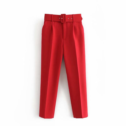 Women fashion solid color sashes casual slim pants chic business Trousers female fake zipper pantalones mujer retro pants P575