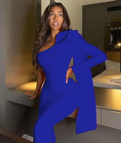 High Quality Blue Orange Runway Bownot One Shoulder Long Sleeve Rayon Bandage Dress Cocktail Party Bodycon Dress Vestidos