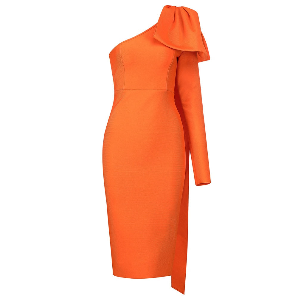 High Quality Blue Orange Runway Bownot One Shoulder Long Sleeve Rayon Bandage Dress Cocktail Party Bodycon Dress Vestidos