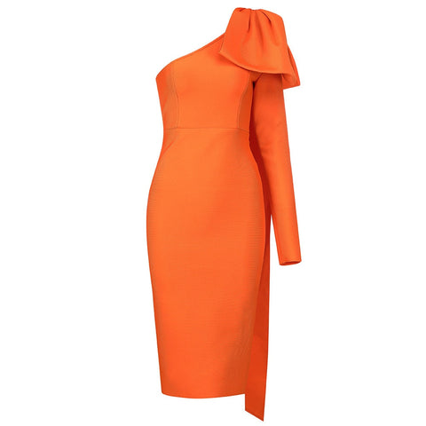 High Quality Blue Orange Runway Bownot One Shoulder Long Sleeve Rayon Bandage Dress Cocktail Party Bodycon Dress Vestidos