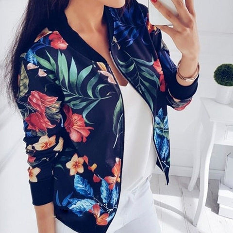 Women Floral Jackets Spring Summer Long Sleeve  Zipper Print Bomber Jacket Casual Pocket Slim Female Fashion Outwears Plus Size