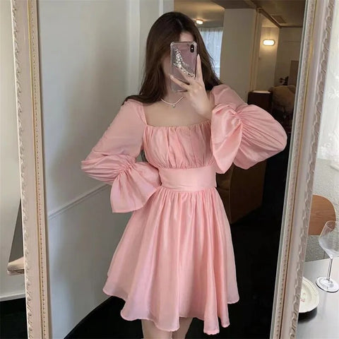 Pink Sweet Elegant Princess Dress Women Casual Korean Slim Long Sleeve Fairy Dress Female Backless Design Vintage Dress