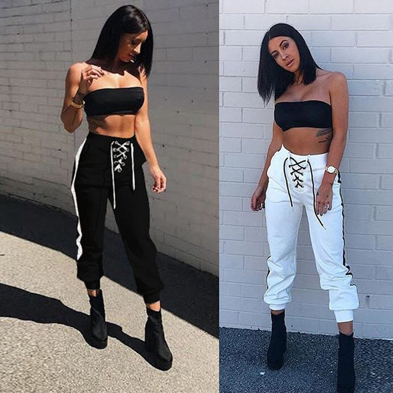 Pbong mid size graduation outfit romantic style teen swag clean girl ideas 90s latina aestheticNew Women Pants Fashion Trousers Lace-up High Waist High Street Edge Stripes Pocket Skinny Pencil Pants Zipper Cuff Female Pants