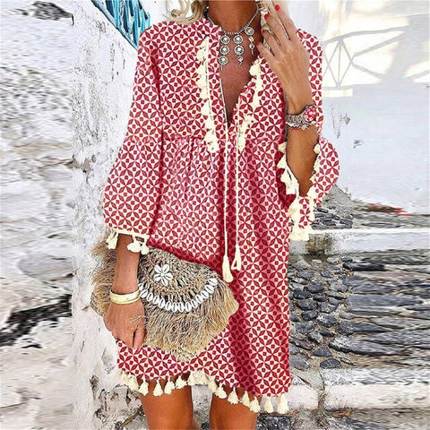 Women Floral Print 3/4 Sleeve Mini Dress Spring V Neck Tassel Vintage Party Dress Casual Loose Summer Beach Dresses Vestido