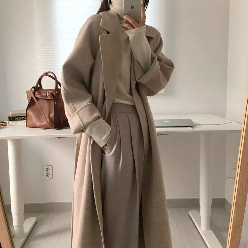 French Lazy Style Warm Female Fresh Winter Classical Belt Retro Loose Women Woolen Coats Chic Casual Long Coat Long