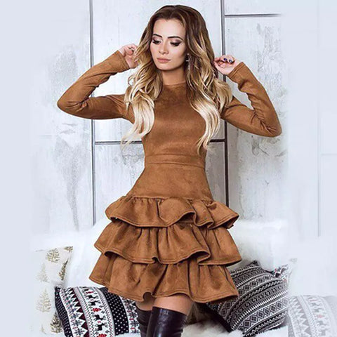 BornToGirl Women Spring Autumn Winter Vintage Casual Thick Long Sleeve O Neck Slim High Waist Black Brown Suede Cake Dresses