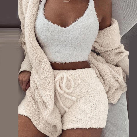 Three Piece Sexy Fluffy Outfits Plush Velvet Hooded Cardigan Coat+Shorts+Crop Top Women Tracksuit Sets Casual Sports Sweatshirt